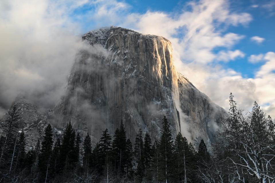 A view of El Capitan as snow blanked Yosemite National Park in California, United States on February 22, 2023.