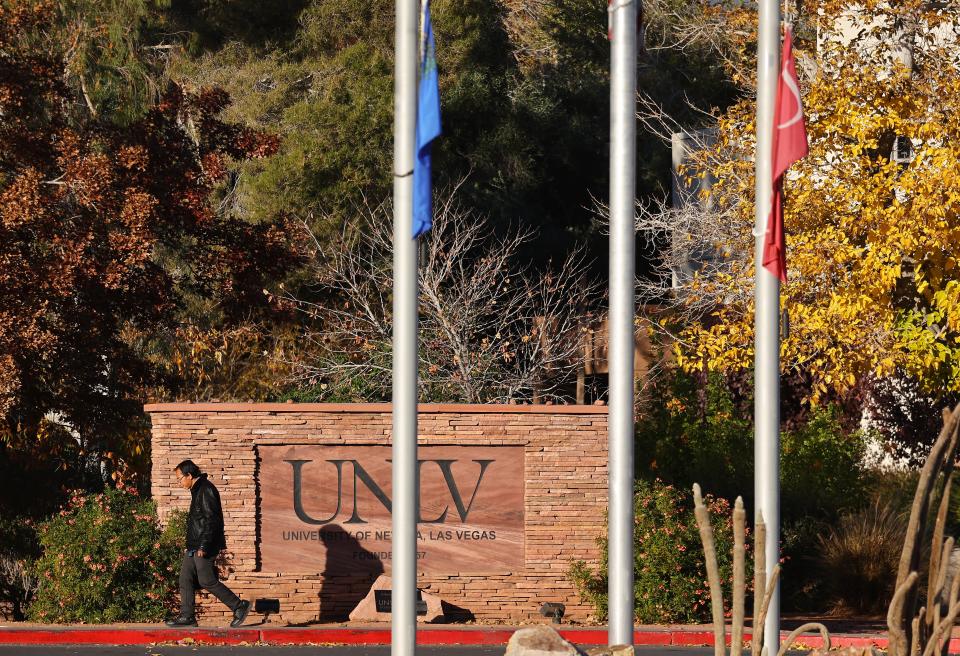 Flags fly at half-staff at the University of Nevada, Las Vegas campus the morning after a shooting left three dead (Getty Images)