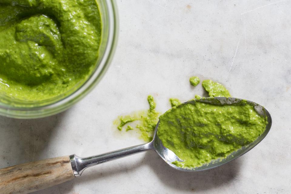 Green sauce + tofu = creamy green sauce.