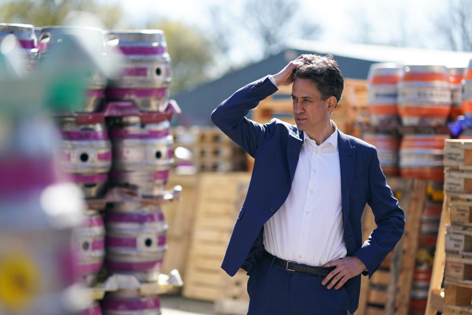 <p>Ed Miliband, Shadow Secretary of State for Business, Energy and Industrial Strategy visits the Ilkley brewery, in Ilkley West Yorkshire, to show support for Tracy Brabin as she campaigns to become the Labour candidate in the West Yorkshire mayoral election. Picture date: Thursday April 22, 2021.</p>
