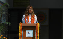 U.S. first lady Melania Trump speaks at the Sarvodaya Co-Education Senior Secondary School in Moti Bagh, in New Delhi, during a visit by U.S. President Donald Trump in India, February 25, 2020. REUTERS/Anushree Fadnavis