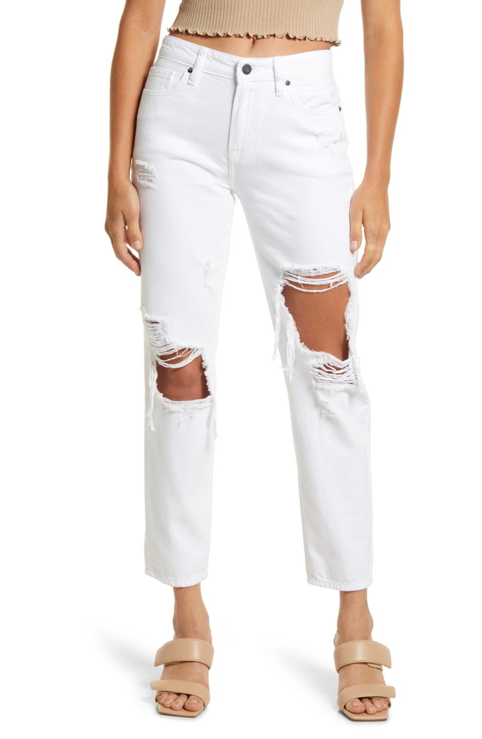 7) White Distressed Straight Leg Boyfriend Jeans