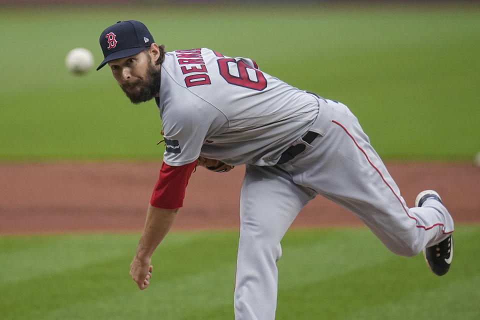 Boston Red Sox starting pitcher Matt Dermody watches a throw during the first inning of the team's baseball game against the Cleveland Guardians, Thursday, June 8, 2023, in Cleveland. (AP Photo/Sue Ogrocki)