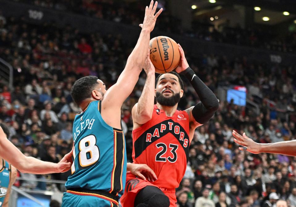 Raptors guard Fred VanVleet shoots the ball against Pistons guard Cory Joseph in the first half on Sunday, Feb. 12, 2023, in Toronto.