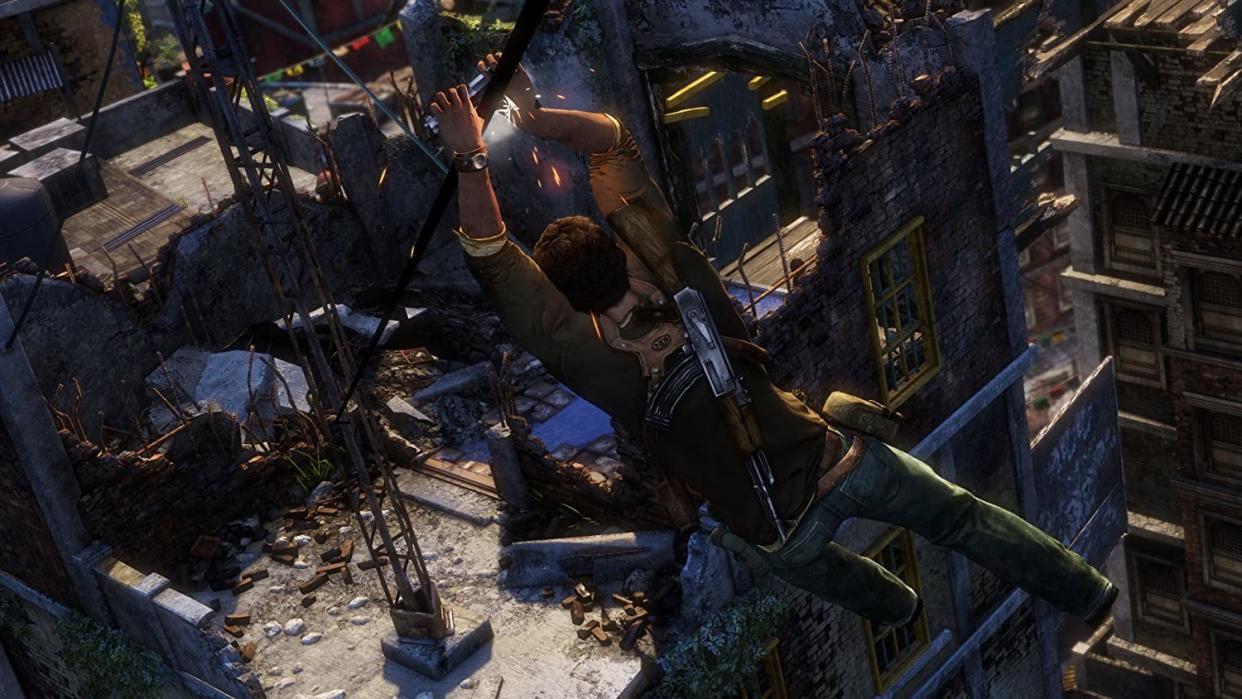 Nathan Drake sliding down a zipline