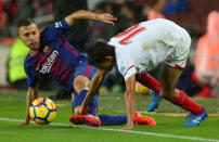 Soccer Football - La Liga Santander - FC Barcelona vs Sevilla - Camp Nou, Barcelona, Spain - November 4, 2017 Barcelona’s Jordi Alba in action with Sevilla’s Jesus Navas REUTERS/Albert Gea