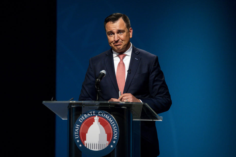 In this Monday, June 1, 2020 photo, former House Speaker Greg Hughes pauses during the Utah Gubernatorial Republican Primary Debate in Salt Lake City. (Ivy Ceballo/Deseret News, via AP, Pool)