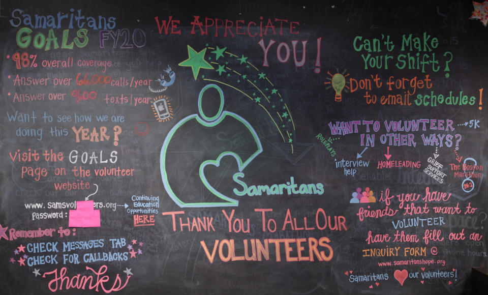 A show of appreciation for volunteers at the Boston-based Samaritans call center, which handles calls from the National Suicide Prevention Lifeline