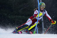 Austria's Katharina Liensberger speeds down the course during an alpine ski, women's World Cup slalom race, in Zagreb, Croatia, Wednesday, Jan. 4, 2023. (AP Photo/Piermarco Tacca)