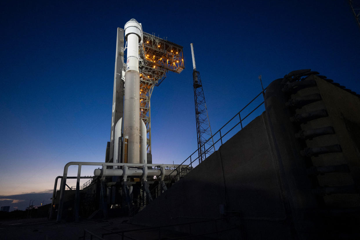 United Launch Alliance Atlas V rocket with Boeing's CST-100 Starliner spacecraft aboard illuminated by spotlights on the launch pad  (Joel Kowsky / Nasa via AFP - Getty Images)