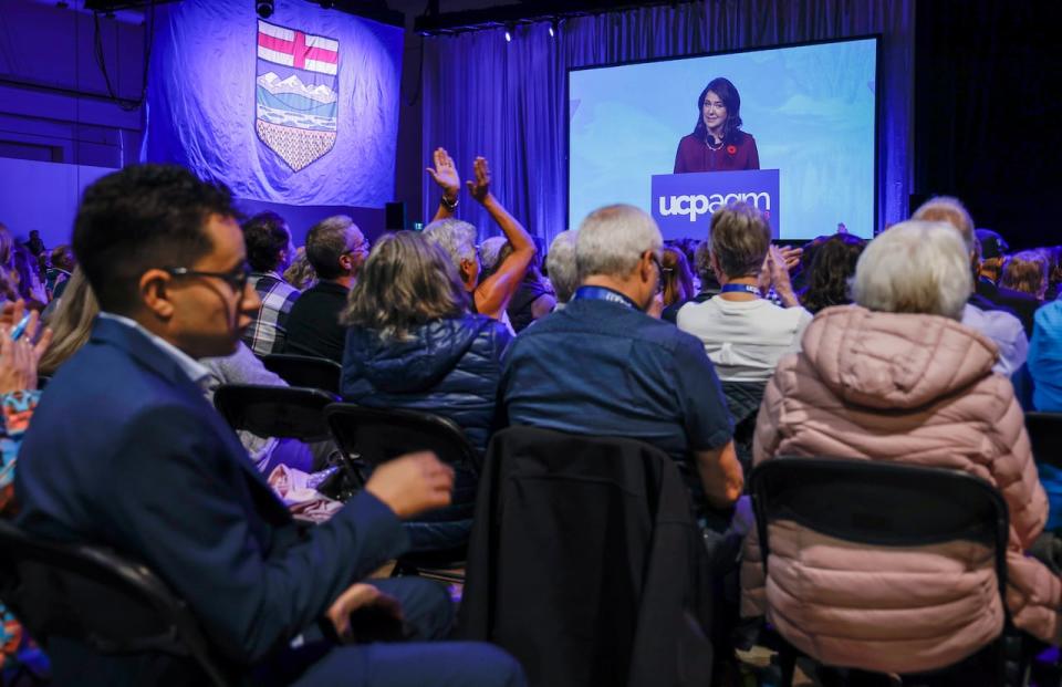 Alberta Premier Danielle Smith speaks to party faithful at the United Conservative Party annual general meeting in Calgary, Saturday, Nov. 4, 2023.THE CANADIAN PRESS/Jeff McIntosh