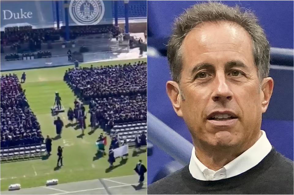Dozens of students walked out as Jerry Seinfeld delivered the commencement speech at Duke University on Sunday (AP)