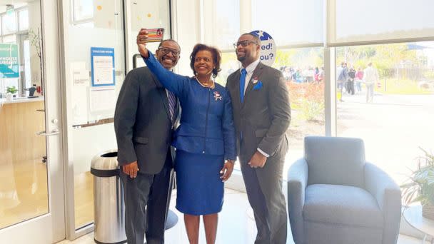 PHOTO: Cheri Beasley takes a selfie with her husband and son after voting early in-person in Raleigh, N.C. (ABC News)