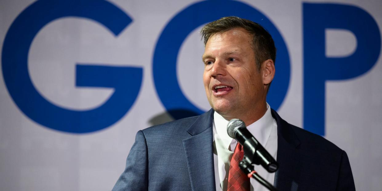 Kris Kobach gives a victory speech after being elected Attorney General of Kansas in Topeka, Kansas on November 8, 2022.