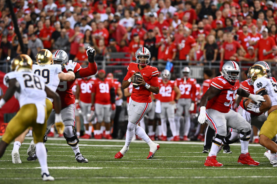 COLUMBUS, OHIO - SEPTEMBER 03: CJ Stroud #7 of the Ohio State Buckeyes drops back to pass during the first quarter of a game against the Notre Dame Fighting Irish at Ohio Stadium on September 03, 2022 in Columbus, Ohio.  (Photo by Ben Jackson/Getty Images)