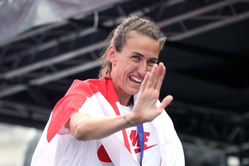 England’s Jill Scott on stage during a fan celebration to commemorate England’s historic UEFA Women’s EURO 2022 triumph in Trafalgar Square, London. Picture date: Monday August 1, 2022. (PA Wire)