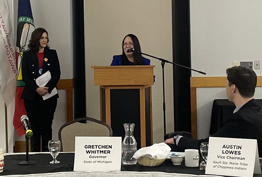 Michigan Governor Gretchen Whitmer and Judge Allie Greenleaf Maldonado at Michigan's annual tribal summit on Tuesday, Dec. 4. (photo by Levi Rickert for Native News Online)