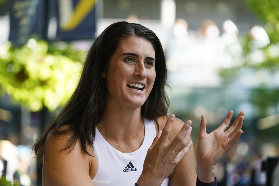 Rebecca Marino, of Canada, speaks during an interview with The Associated Press during the second round of the U.S. Open tennis championships, Wednesday, Aug. 31, 2022, in New York. (AP Photo/Frank Franklin II)