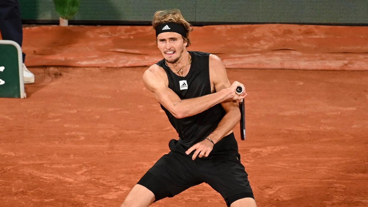  Germany's Alexander Zverev returns serve at the 2023 French Open 