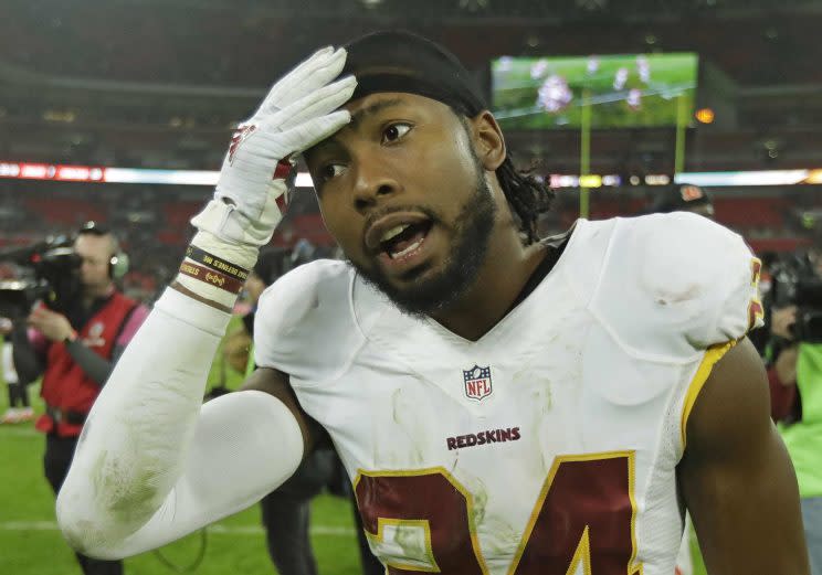 Josh Norman was none too pleased with the NFL's officiating crew in London. (AP)