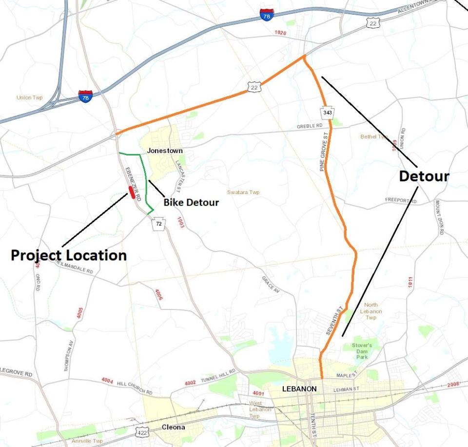 PennDOT officials announced Friday that a detour expected to start Monday, April 15, for the bridge replacement project on Route 72 (Ebenezer Road) in Lebanon County will be delayed.