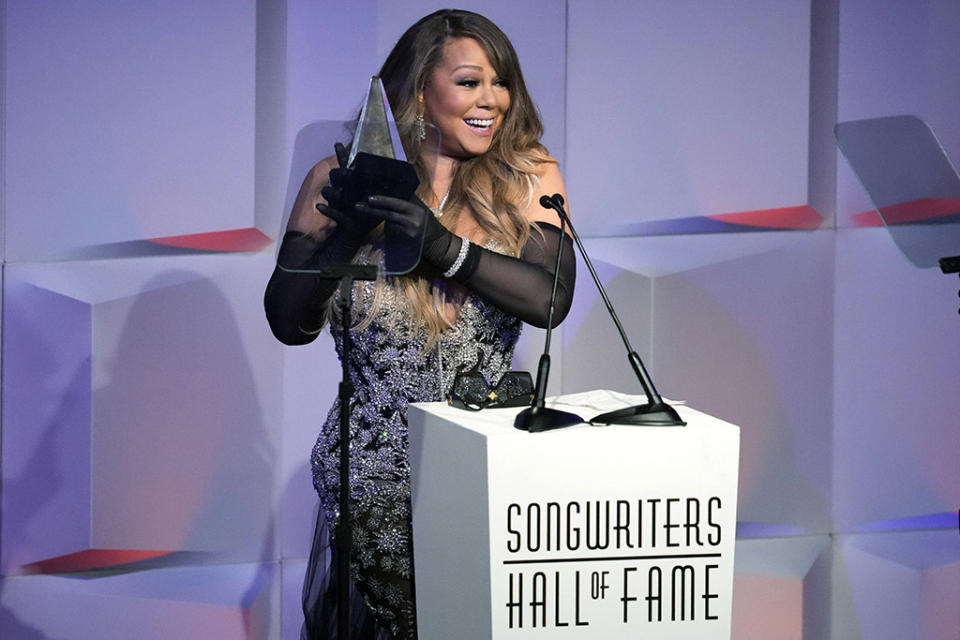 Honoree Mariah Carey wears an Oscar de la Renta gown at the 51st annual Songwriters Hall of Fame induction and awards gala June 16, 2022, in New York. - Credit: Charles Sykes/Invision/AP