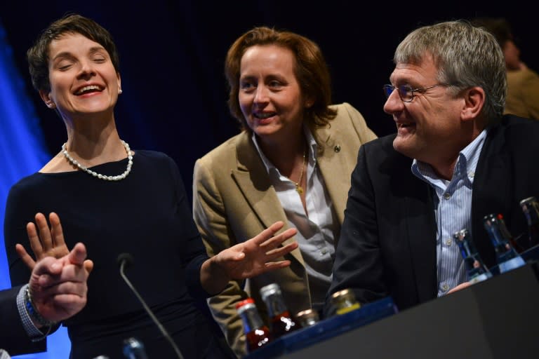 (From L to R) Frauke Petry, leader of Alternative for Germany (AfD), her deputies Beatrix von Storch and Joerg Meuthen at a party congress in Stuttgart on May 1, 2016