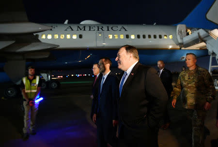 U.S. Secretary of State Mike Pompeo walks with Acting Assistant Secretary for Near Eastern Affairs at the State Department David Satterfield (L), and Charge D'affaires at the U.S. Embassy in Baghdad Joey Hood (2nd L) and Lt General Paul LaCamera upon arrival in Baghdad, Iraq May 7, 2019. Mandel Ngan/Pool via REUTERS