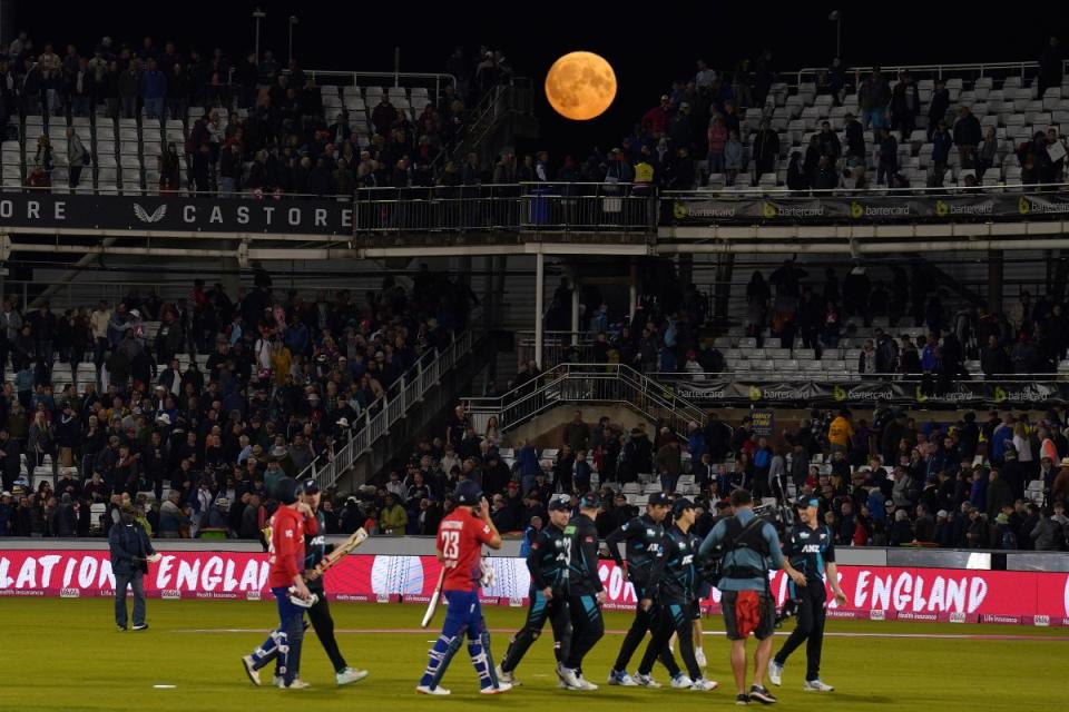 The super blue moon is visible over the stands after the first Vitality IT20 match at the Seat Unique Riverside, Durham, England on Aug. 30, 2023.<span class="copyright">Owen Humphreys—PA Images Reuters</span>