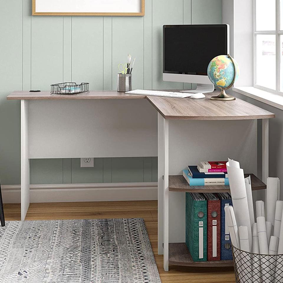 desk with bookshelves