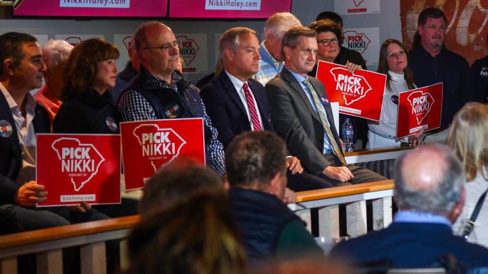 14th Solicitor Duffie Stone, fourth from left, and to his left, S.C. Sen. Tom Davis were among some of the dignitaries who attended former S.C. Gov. and United Nations Ambassador Nikki Haley’s meet and greet on Thursday, Feb. 1, 2024, at Forrest Fire BBQ on Hilton Head Island.