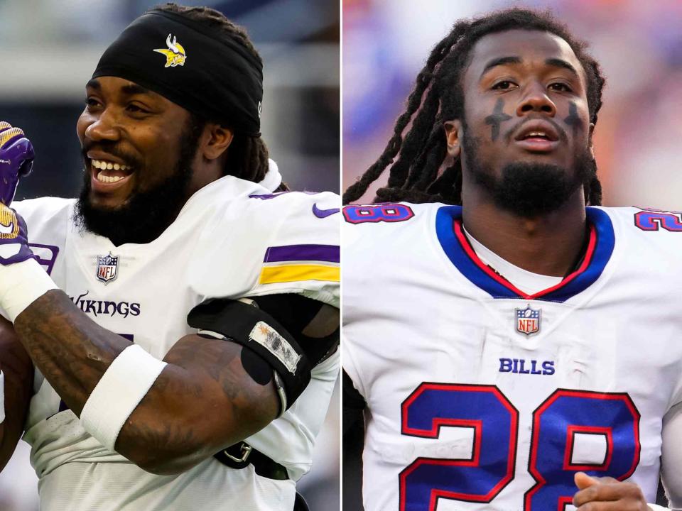 <p>David Berding/Getty ; Cooper Neill/Getty</p> Dalvin Cook before the start of the game against the New York Giants at U.S. Bank Stadium on December 24, 2022 in Minneapolis, Minnesota. ; James Cook uns off of the field against the Kansas City Chiefs on October 16, 2022 in Kansas City, Missouri.  