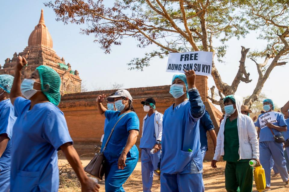 Health workers take part in a demonstration against the military coup in Bagan, on Feb 11, 2021 - AFP