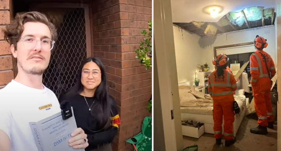 Left: Rental advocate Jordie van den Berg with Dyxi Mohammed outside the Melbourne rental. Right: Two SES workers staring up at bedroom ceiling after it collapsed. 