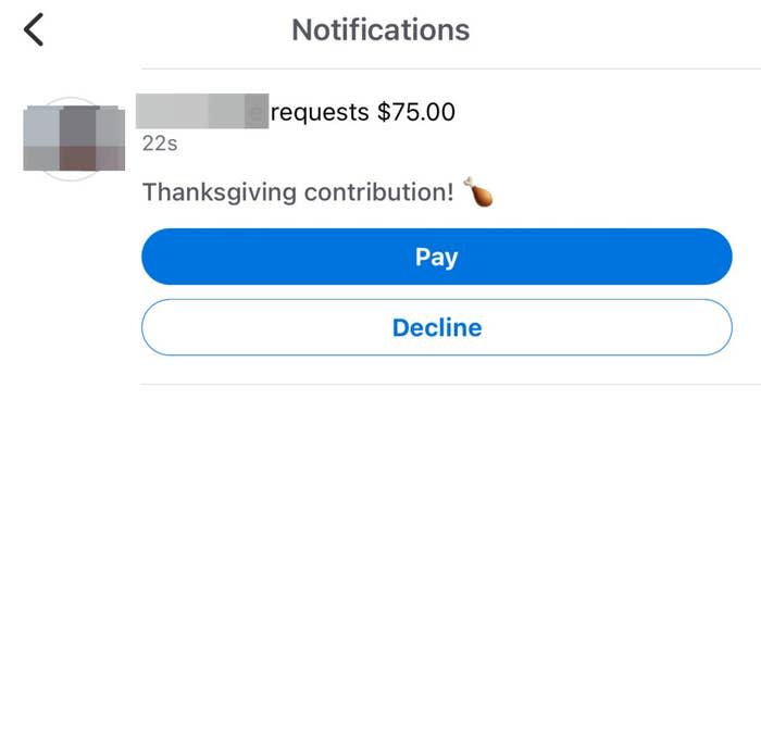 request for $75 for thanksgiving contribution on Venmo