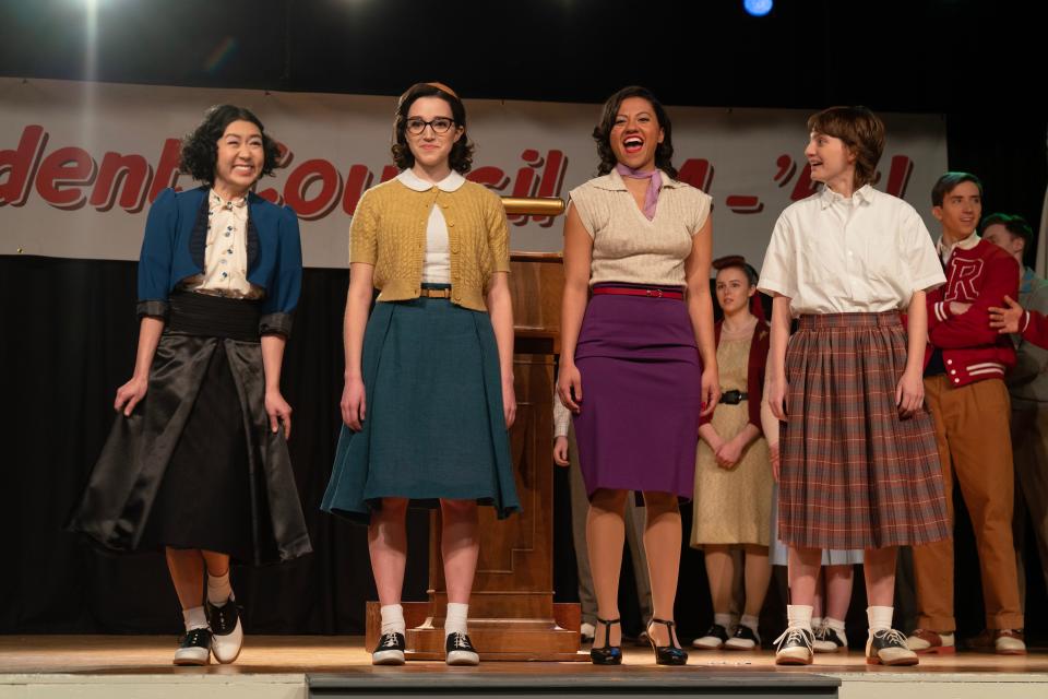 Tricia Fukuhara as Nancy Nakagawa, Marisa Davila as Jane Facciano, Cheyenne Wells as Olivia Valdovinos and Ari Notartomaso as Cynthia Zdunowski in "Grease: Rise of the Pink Ladies."