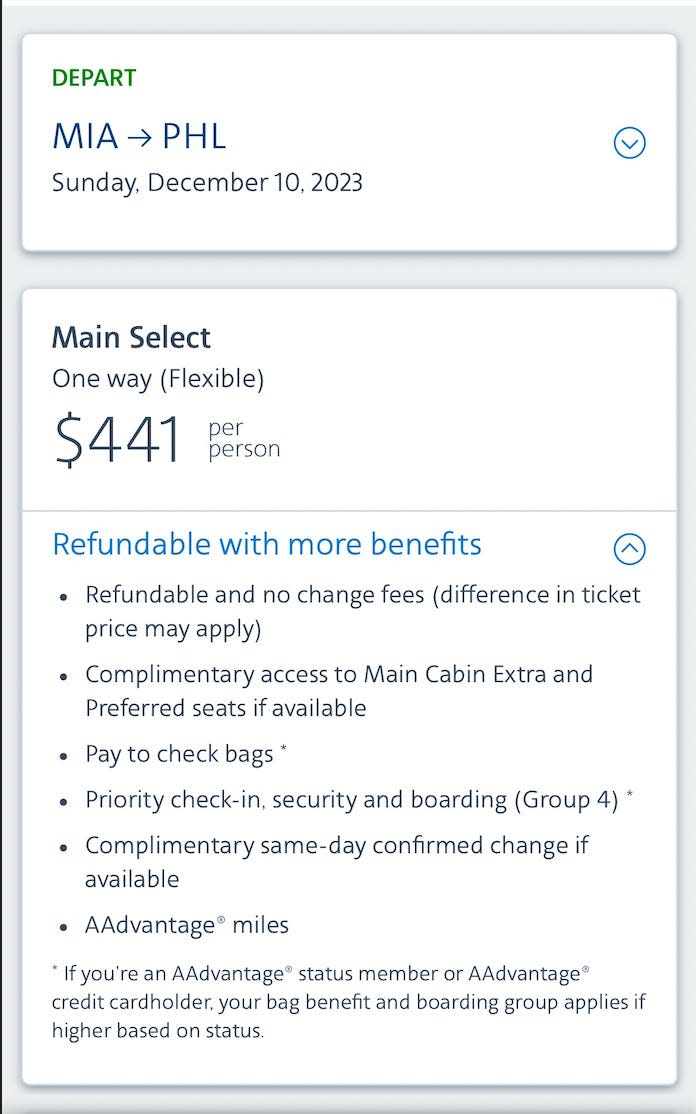 A screengrab of an American Airlines flight with a "Main Select" fare detailing the perks of the offering.