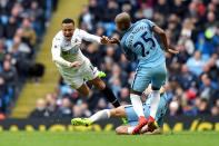 <p>Swansea City’s Martin Olson is tackled by Manchester City’s Pablo Zabaleta (right) and Manchester City’s Fernandinho during the Premier League match between Manchester City and Swansea City at the Etihad Stadium on February 5, Manchester, England. </p>