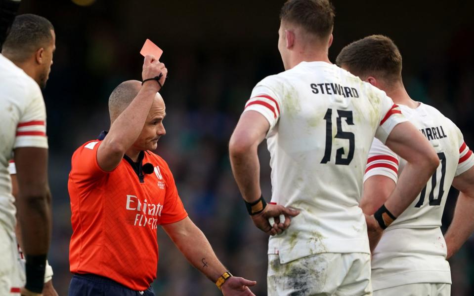 Referee Jaco Peyper and Freddie Steward - Freddie Steward sent off against Ireland – but was referee right to dismiss England full-back? - PA/Brian Lawless