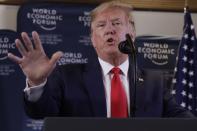 US President Donald Trump speaks during a news conference at the World Economic Forum in Davos, Switzerland, Wednesday, Jan. 22, 2020. Trump's two-day stay in Davos is a test of his ability to balance anger over being impeached with a desire to project leadership on the world stage. (AP Photo/Evan Vucci)