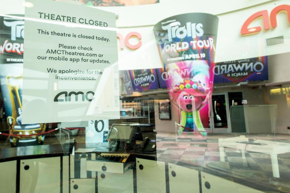 A closed AMC Theater on 12 May 2020, in Burbank, California: VALERIE MACON/AFP via Getty Images