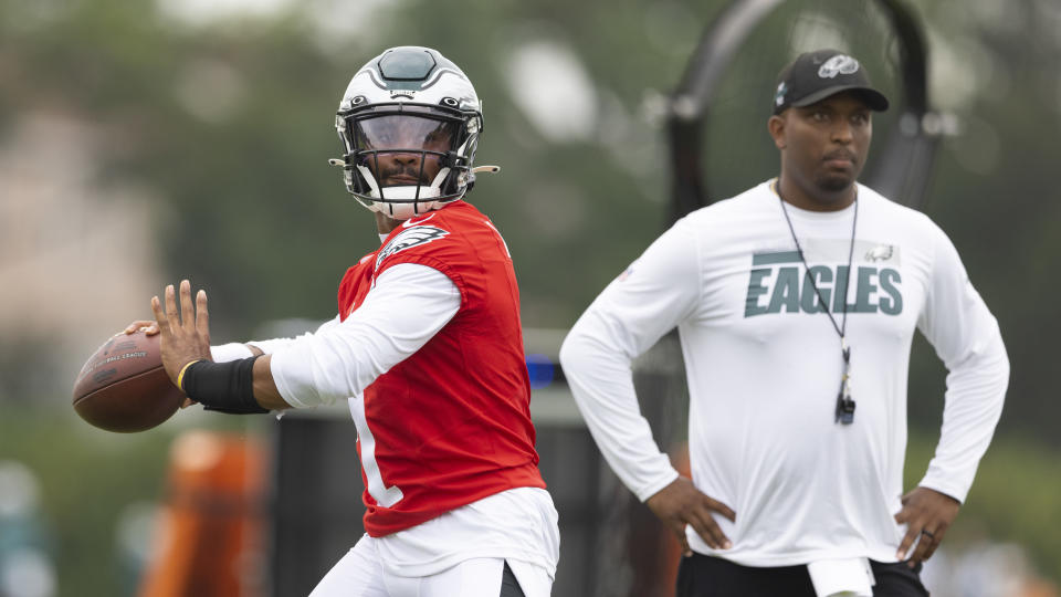 Jalen Hurts has become an NFL MVP candidate thanks in part to quarterbacks coach Brian Johnson. (Photo by Mitchell Leff/Getty Images)