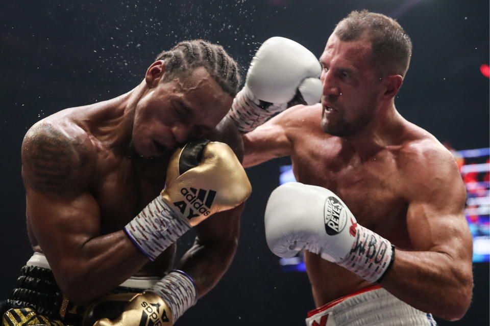 CHELYABINSK, RUSSIA - AUGUST 25, 2019: British boxer Anthony Yarde (L) and Russian boxer Sergey Kovalev in their WBO light heavyweight title bout during a boxing show at Traktor Ice Arena. Valery Sharifulin/TASS (Photo by Valery Sharifulin\TASS via Getty Images)