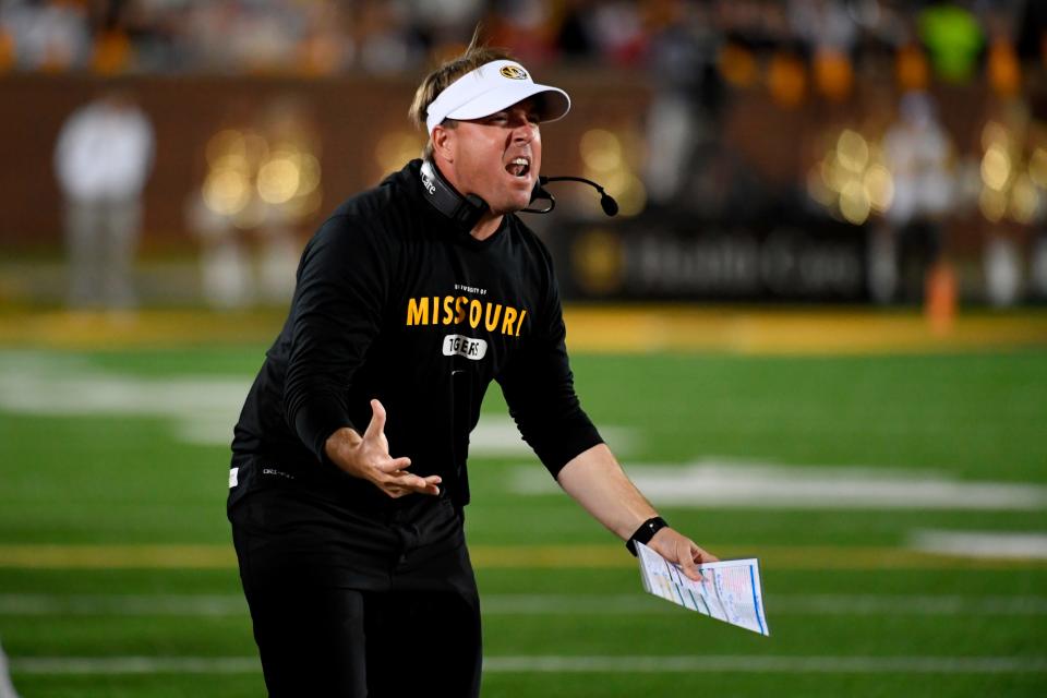 Missouri head coach Eliah Drinkwitz yells on the sideline during the second half of an NCAA college football game against Georgia Saturday, Oct. 1, 2022, in Columbia, Mo. (AP Photo/L.G. Patterson)