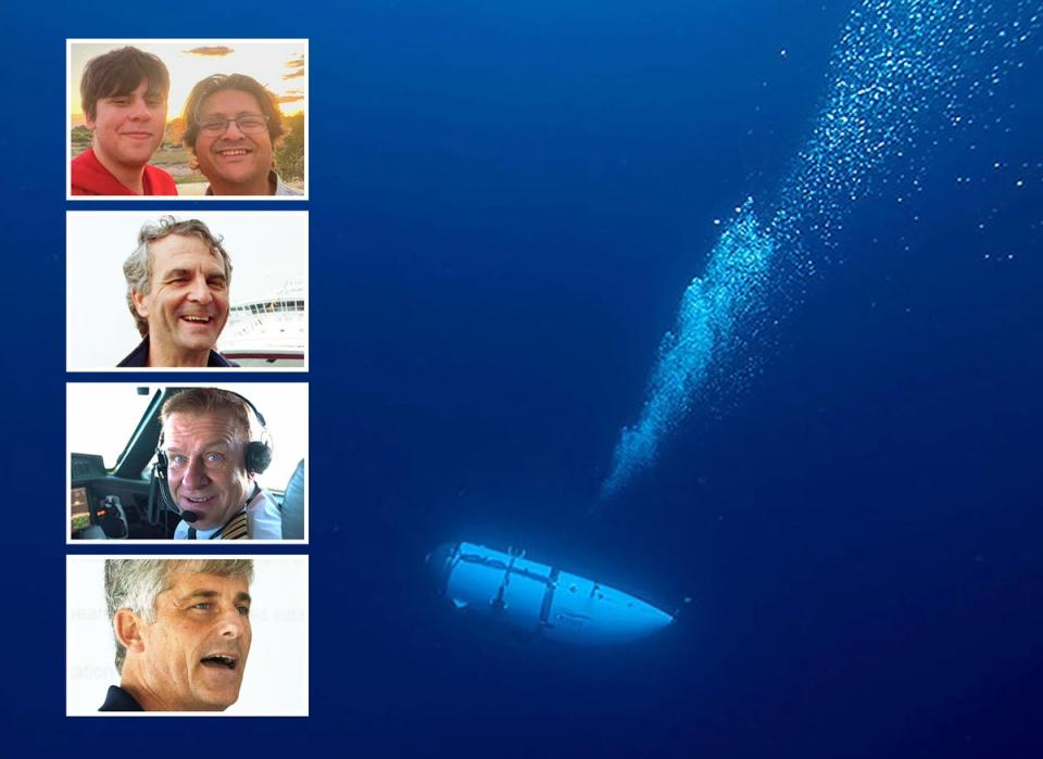 OceanGate’s Titan submersible pictured during a descent, alongside pictures of the five people who died while travelling on the submersible on 18 June, 2023, in the North Atlantic Ocean (OceanGate Expeditions/AFP via Getty)