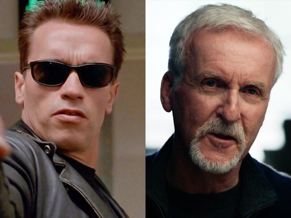 A composite of Arnold Schwarzenegger wearing blacked out sunglasses and a leather jacket as the Terminator in "Terminator 2: Judgement Day" and James Cameron speaking in a brightly-lit room.