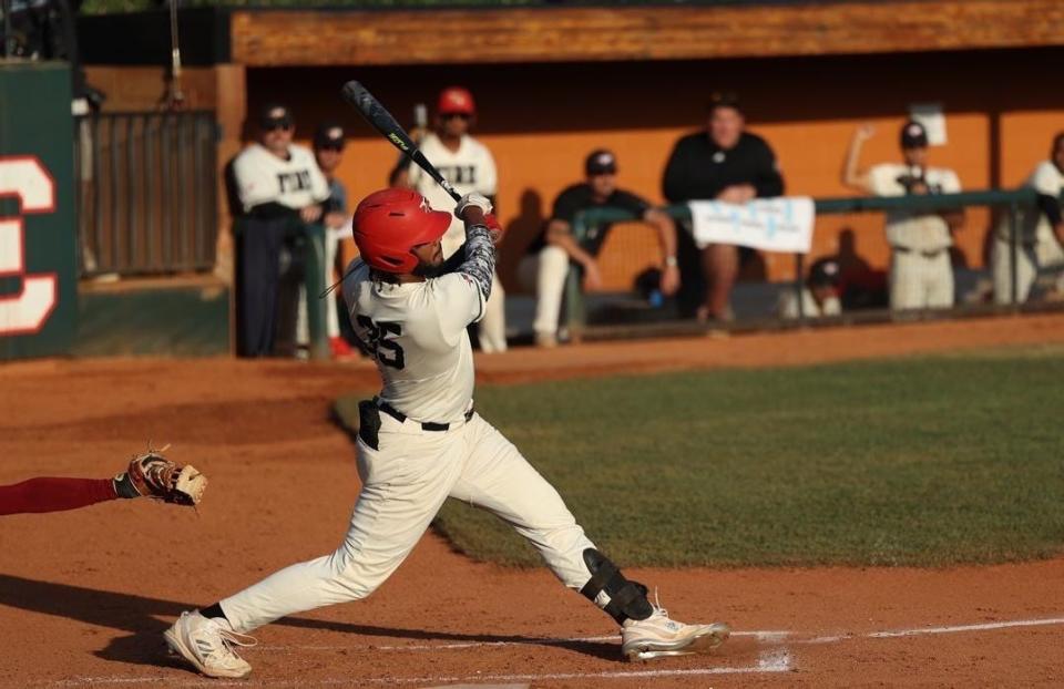 The Fire's Chayce Bryant takes a hack in the NAIA World Series on June 1, 2023. Southeastern would go on to lose 6-4 to No. 3 Westmont College, ending the season at 58-6.