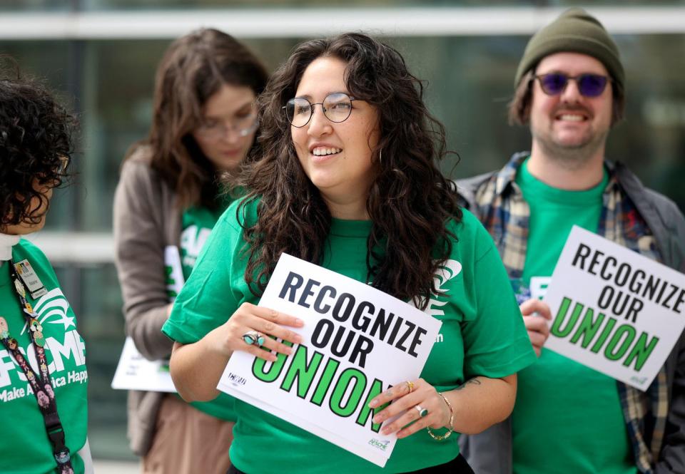 Christina Ordonez, associate librarian at the Day-Riverside branch, joins other Salt Lake City Public Library workers at a rally after announcing their intent to unionize, at the Salt Lake City Library in Salt Lake City on Monday.