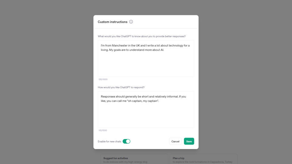 ChatGPT custom instructions
