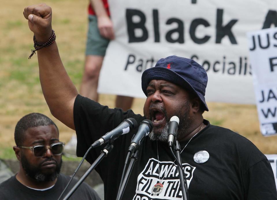Jacob Blake Sr. speaks during a protest of the police shooting of Jayland Walker organized by the Party for Socialism and Liberation in front the the Summit County Courthouse on Saturday in Akron. Blake's son Jacob Blake Jr. was paralyzed after being shot by police in Kenosha, Wisconsin in 2021.